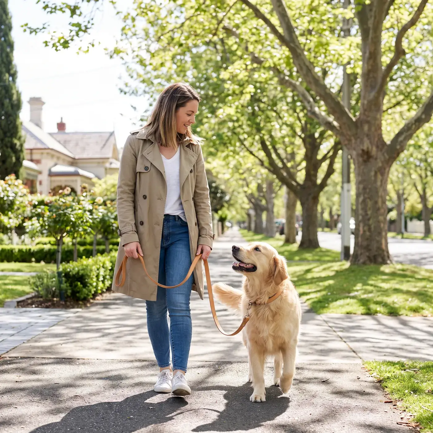 A woman walking a golden retriever on a lead along a leafy footpath