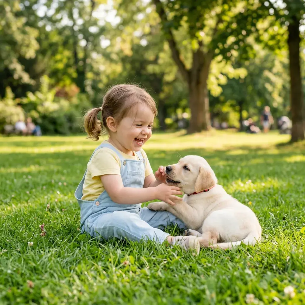 A labrador puppy playing with a young child on a lawn