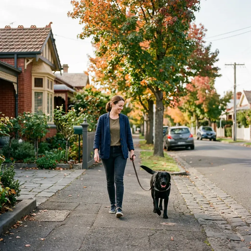 A woman walking a black labrador past Edwardian homes