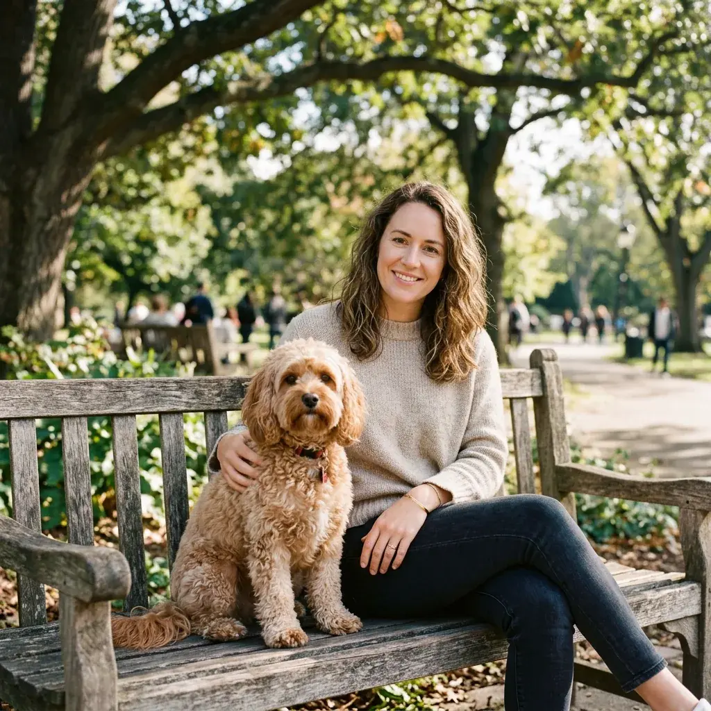 A cavoodle sitting with its owner on a park bench