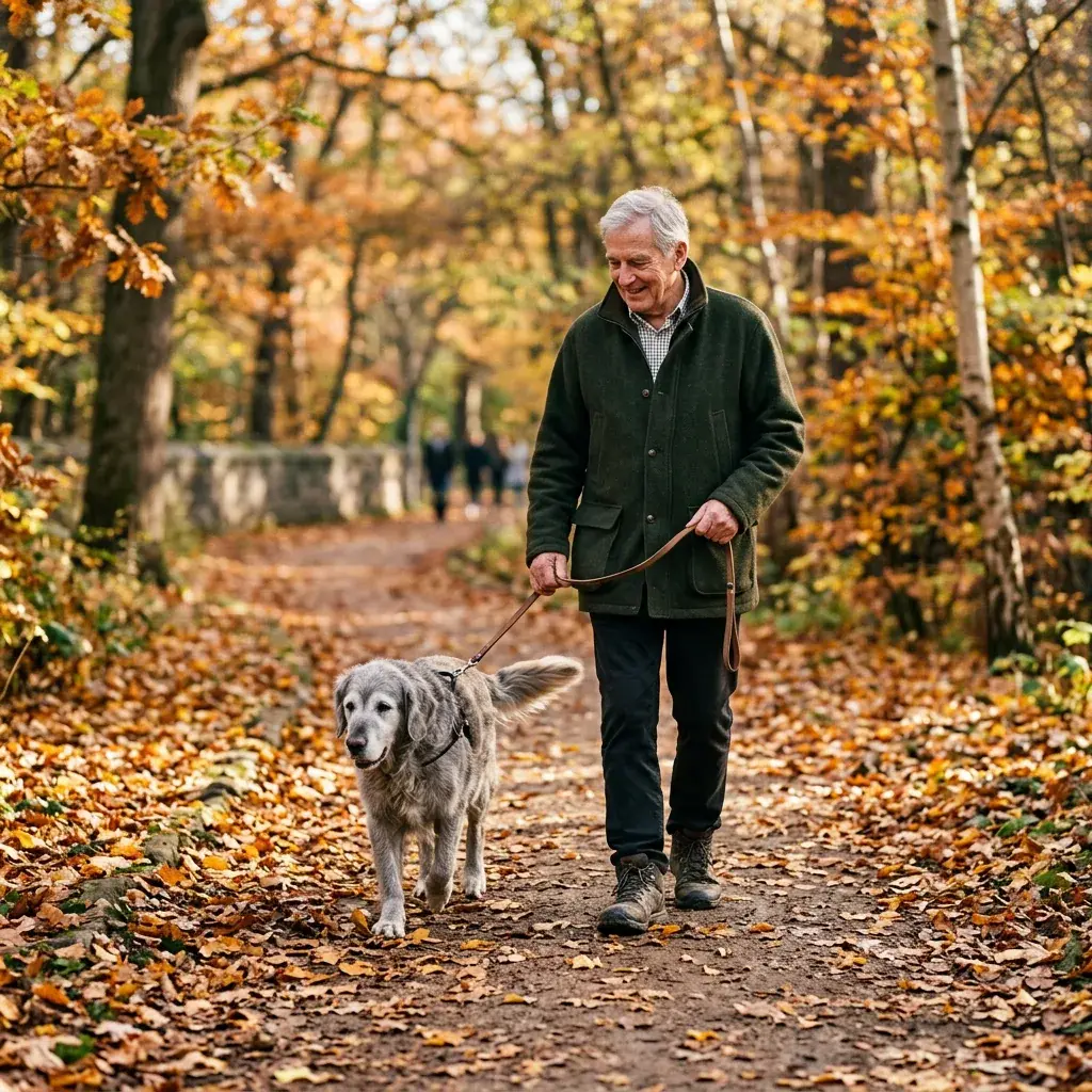 An older man walking a grey-muzzled golden retriever along an autumn path