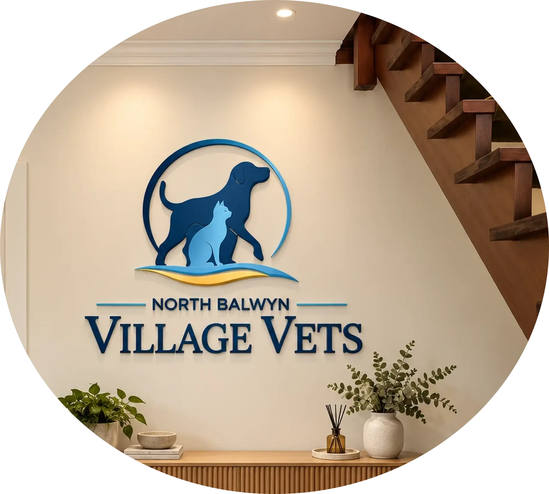 The North Balwyn Village Vets logo on the wall of the clinic reception
