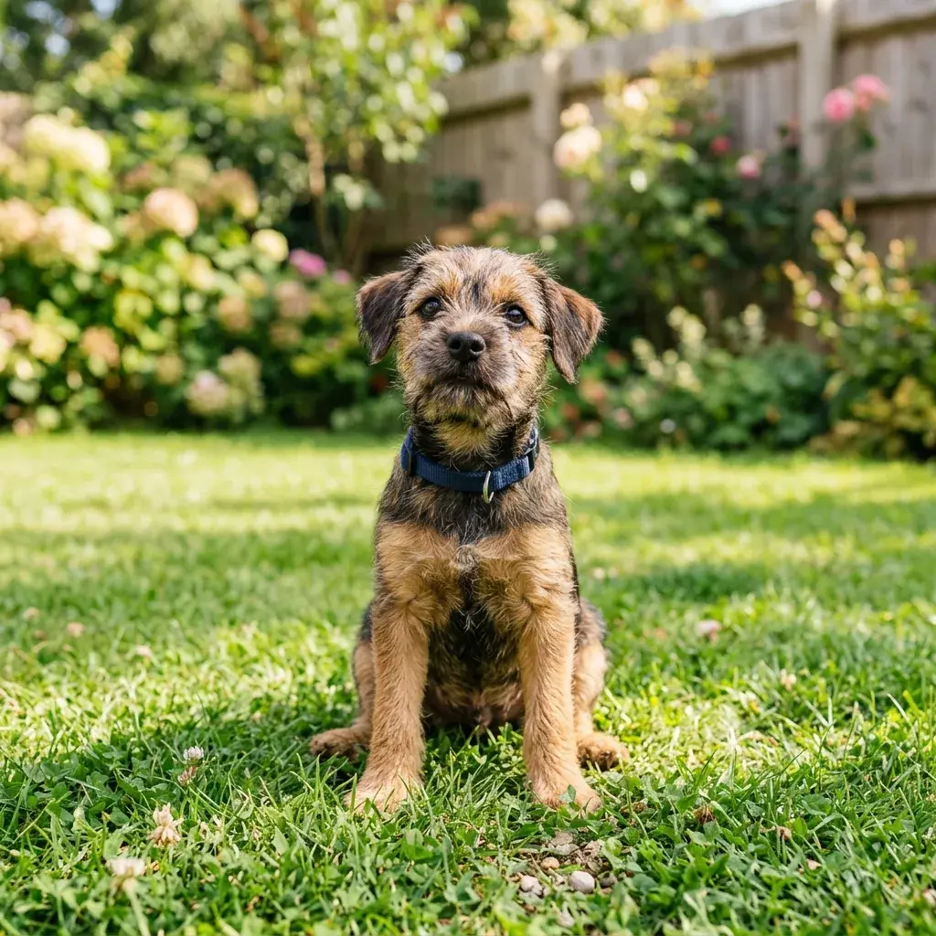 A terrier-cross puppy sitting on a backyard lawn