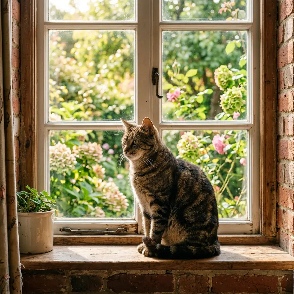 A tabby cat sitting in a sunny window