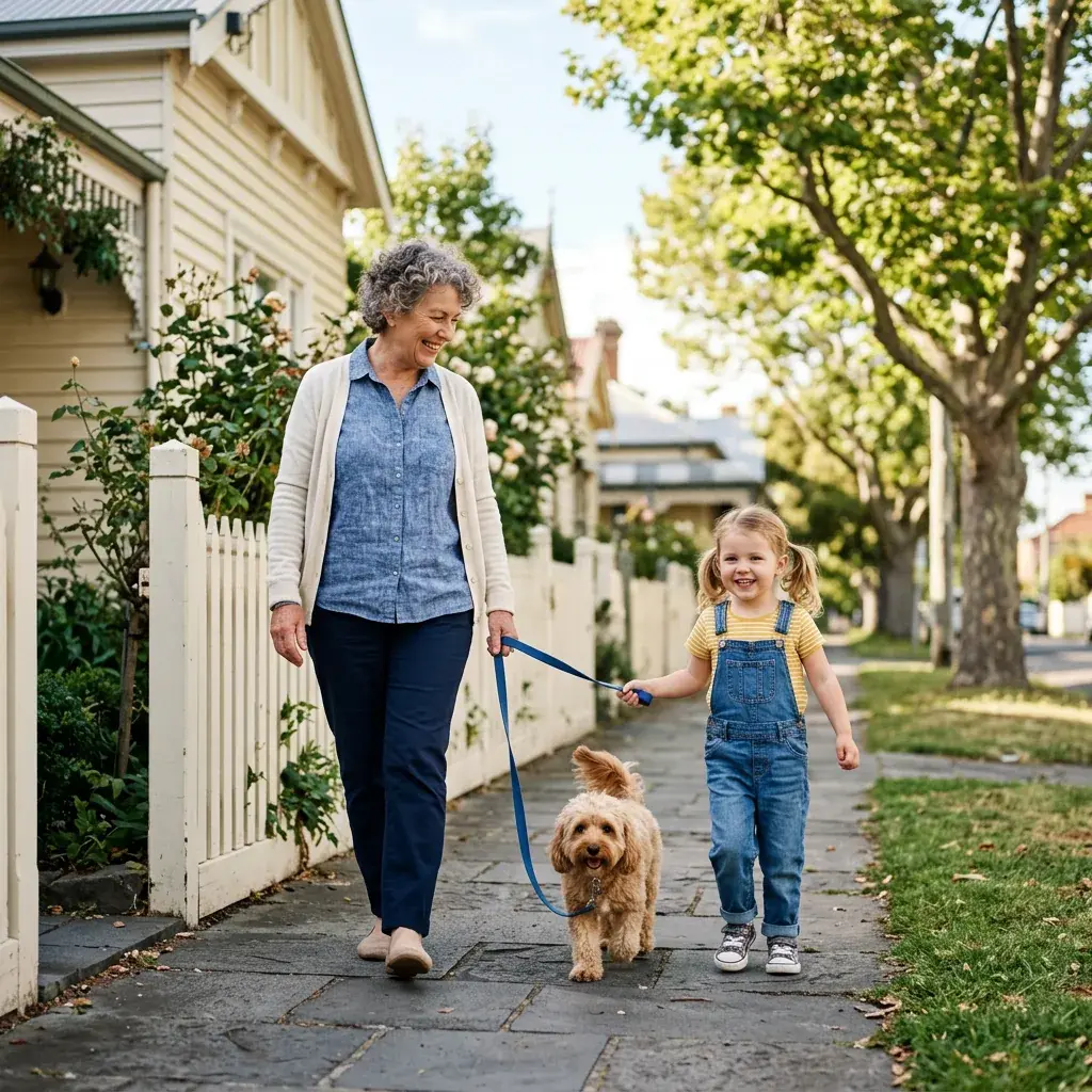 A grandmother and grandchild walking a cavoodle past a picket fence