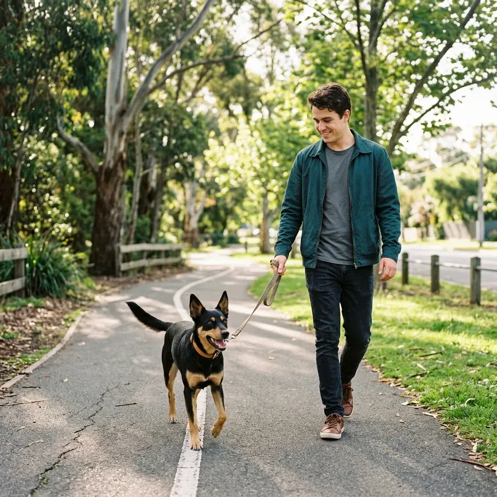 A man walking a kelpie-cross on a lead along a path beside a park