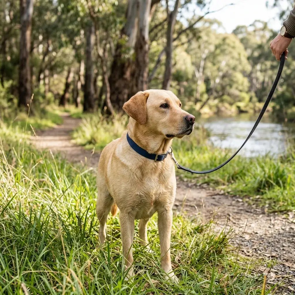 A labrador on a lead beside a riverside walking trail