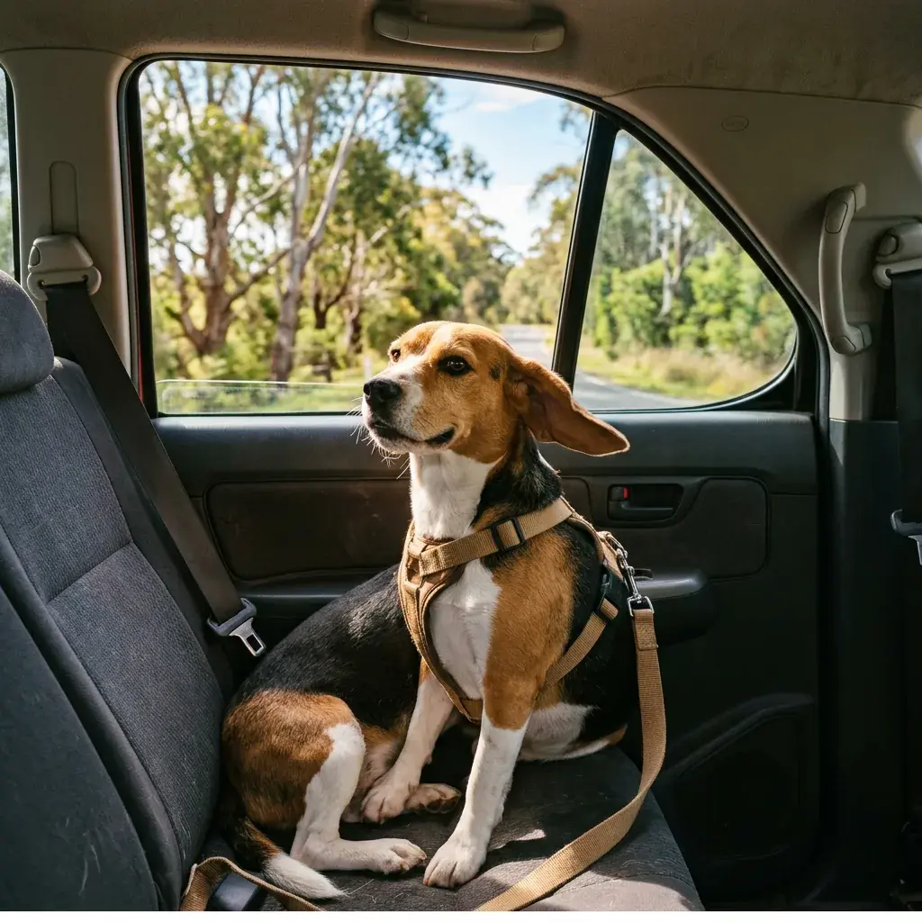 A beagle in a car harness looking out of a back-seat window