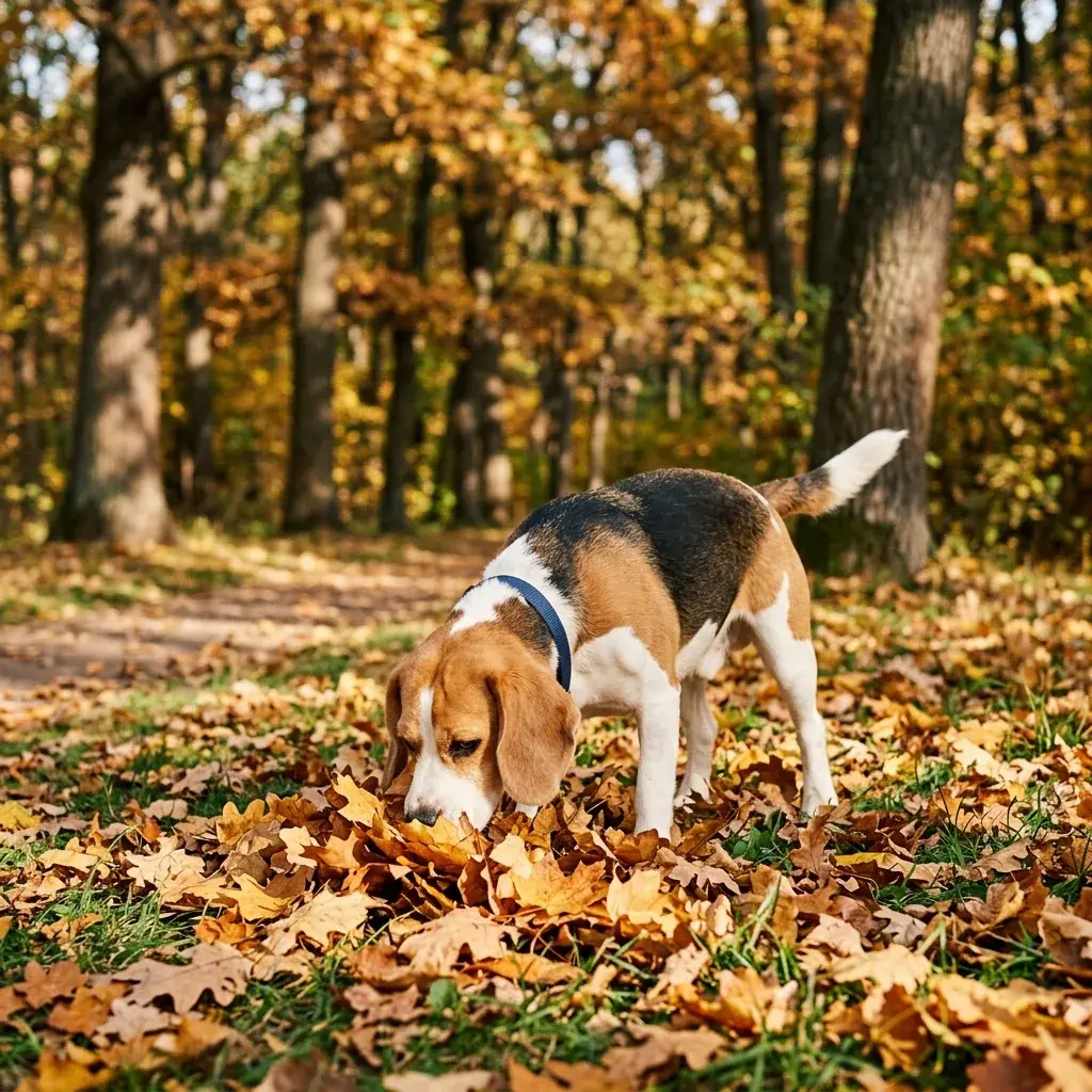 A beagle sniffing autumn leaves in a park