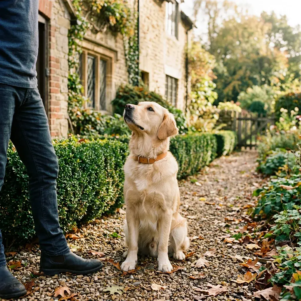 A golden retriever sitting beside its owner on a leafy footpath
