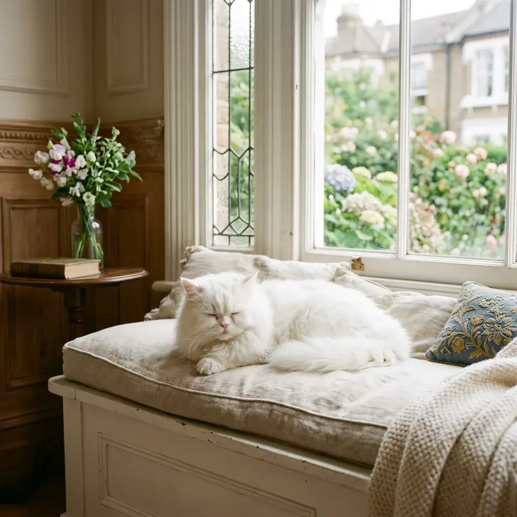 A white Persian cat resting on a window seat