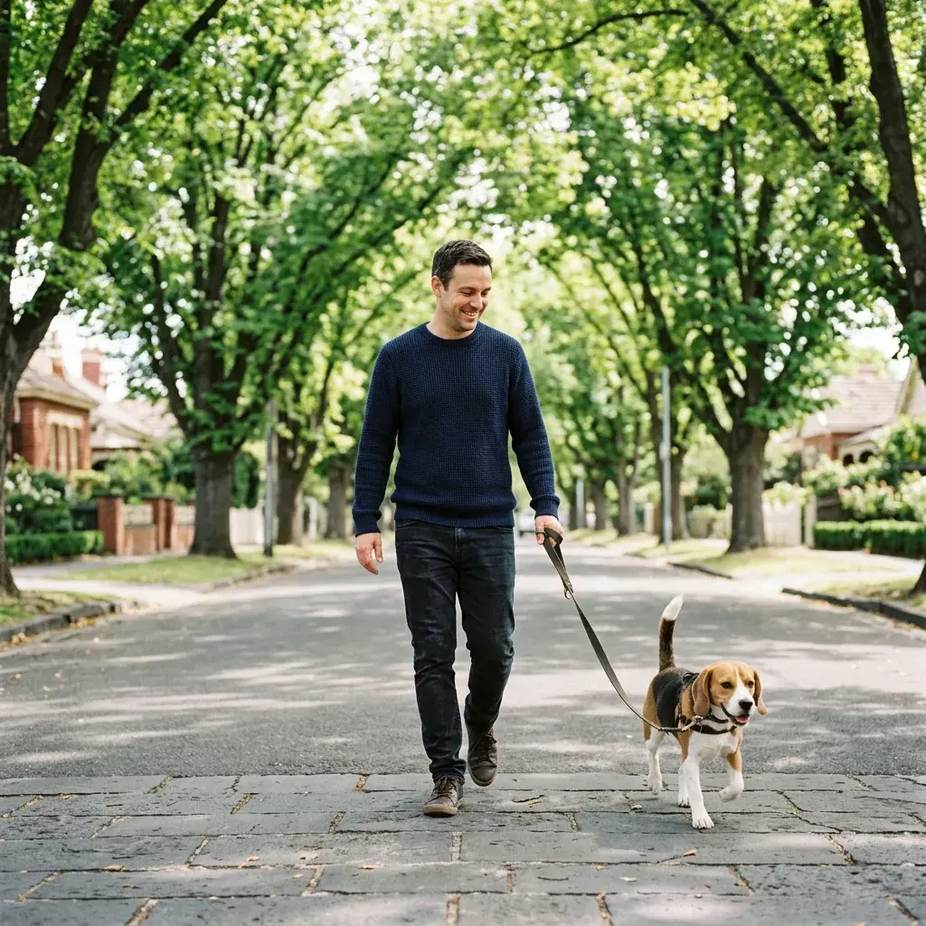A man walking a beagle on a lead under tall elm trees