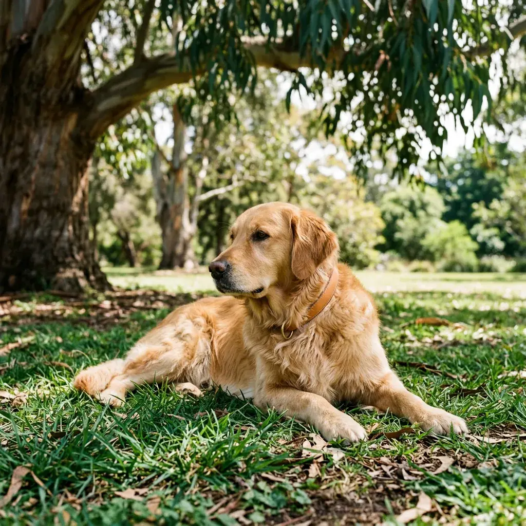 A golden retriever resting in the shade of a gum tree
