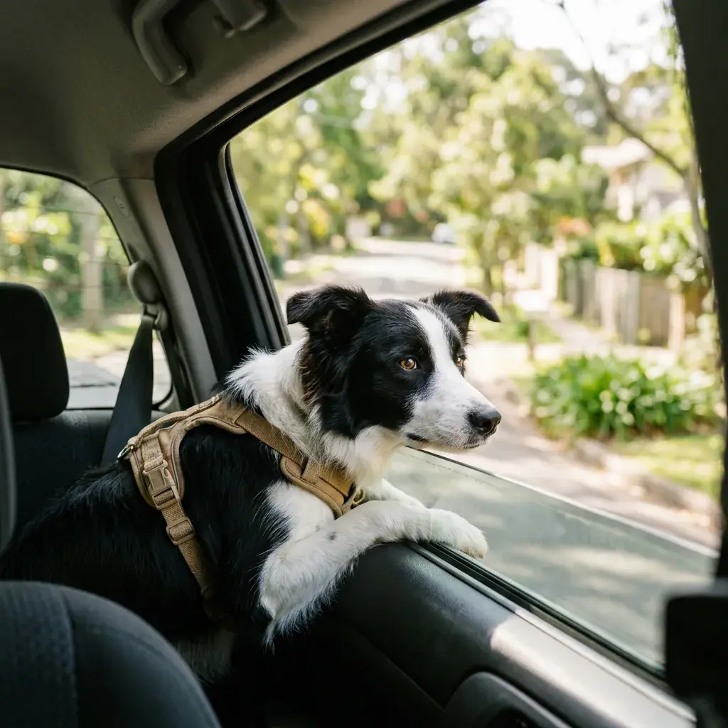 A border collie looking out of a car's rear window