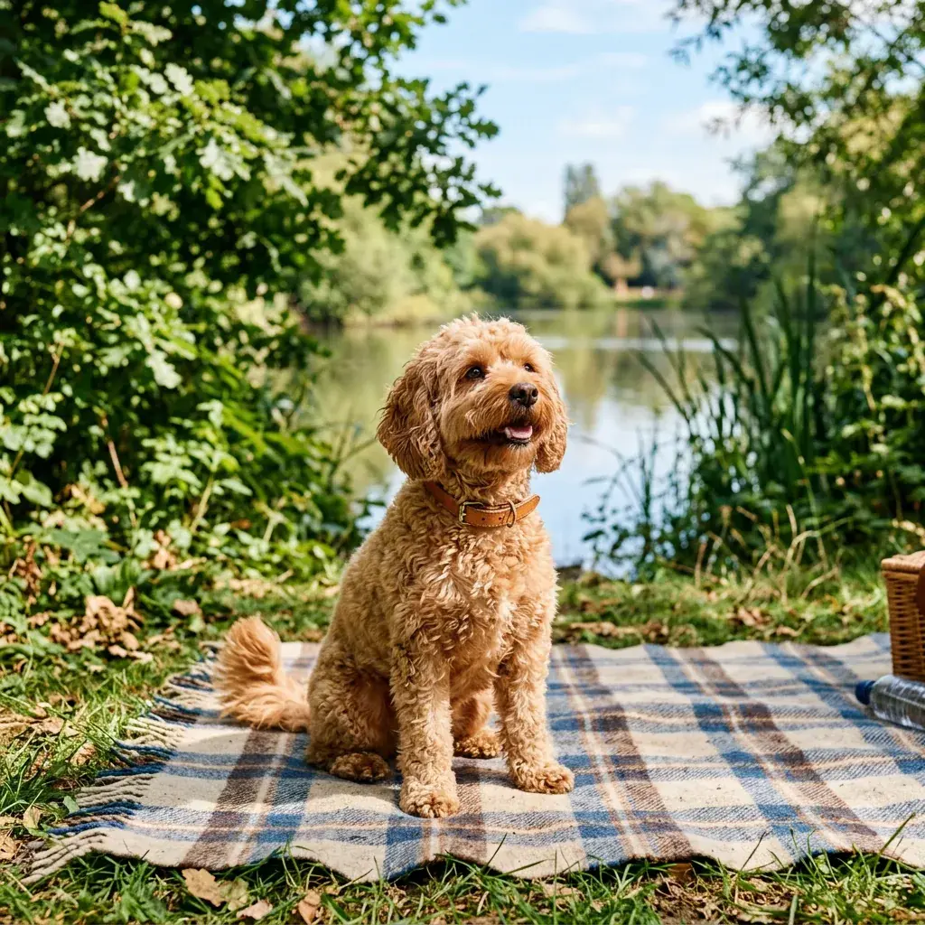 A cavoodle sitting on a picnic rug beside a lake
