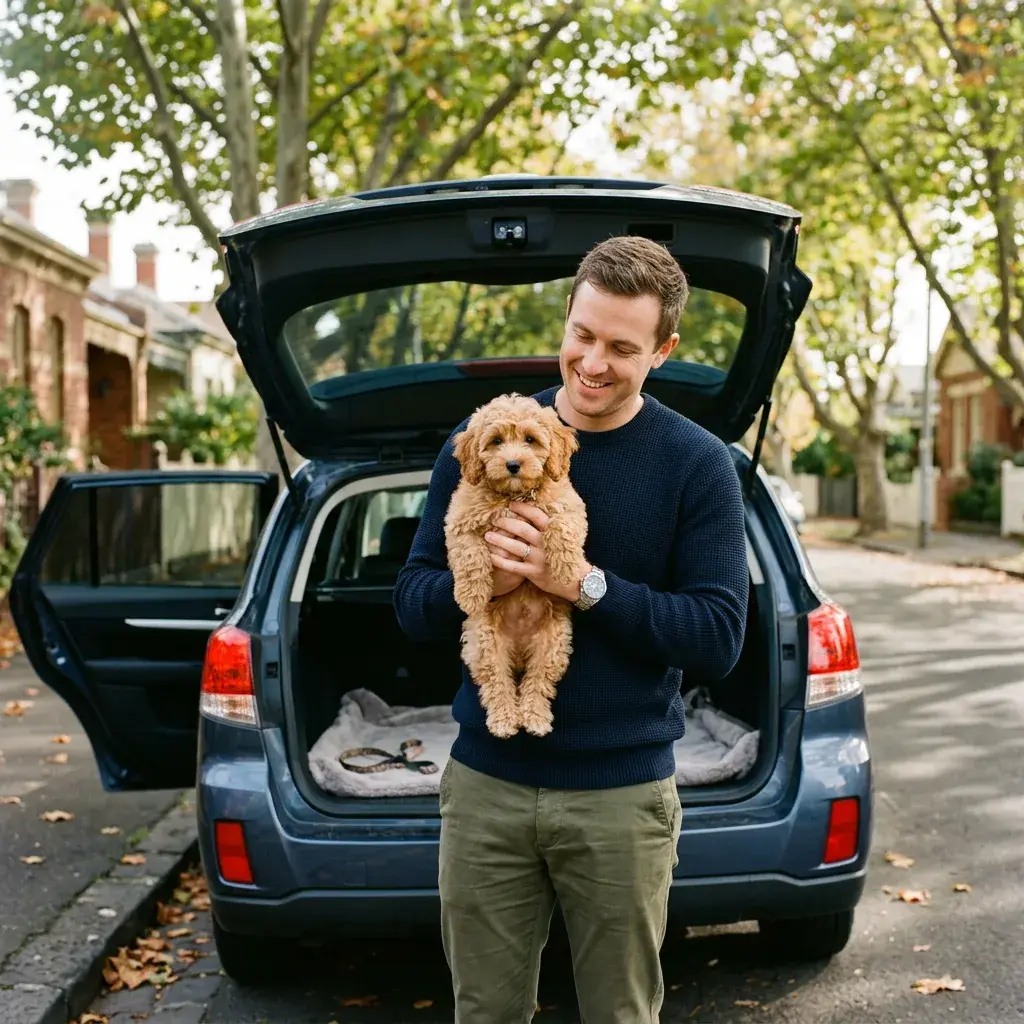 A man holding a cavoodle puppy beside the open boot of his car