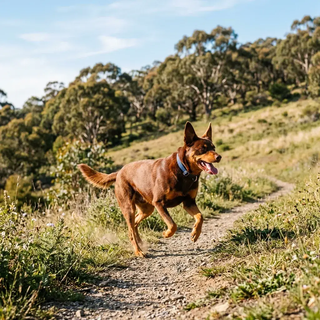 A red kelpie running along a grassy hillside path