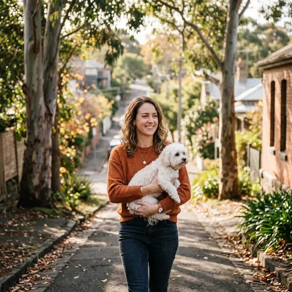 A woman carrying a small white dog along a leafy street