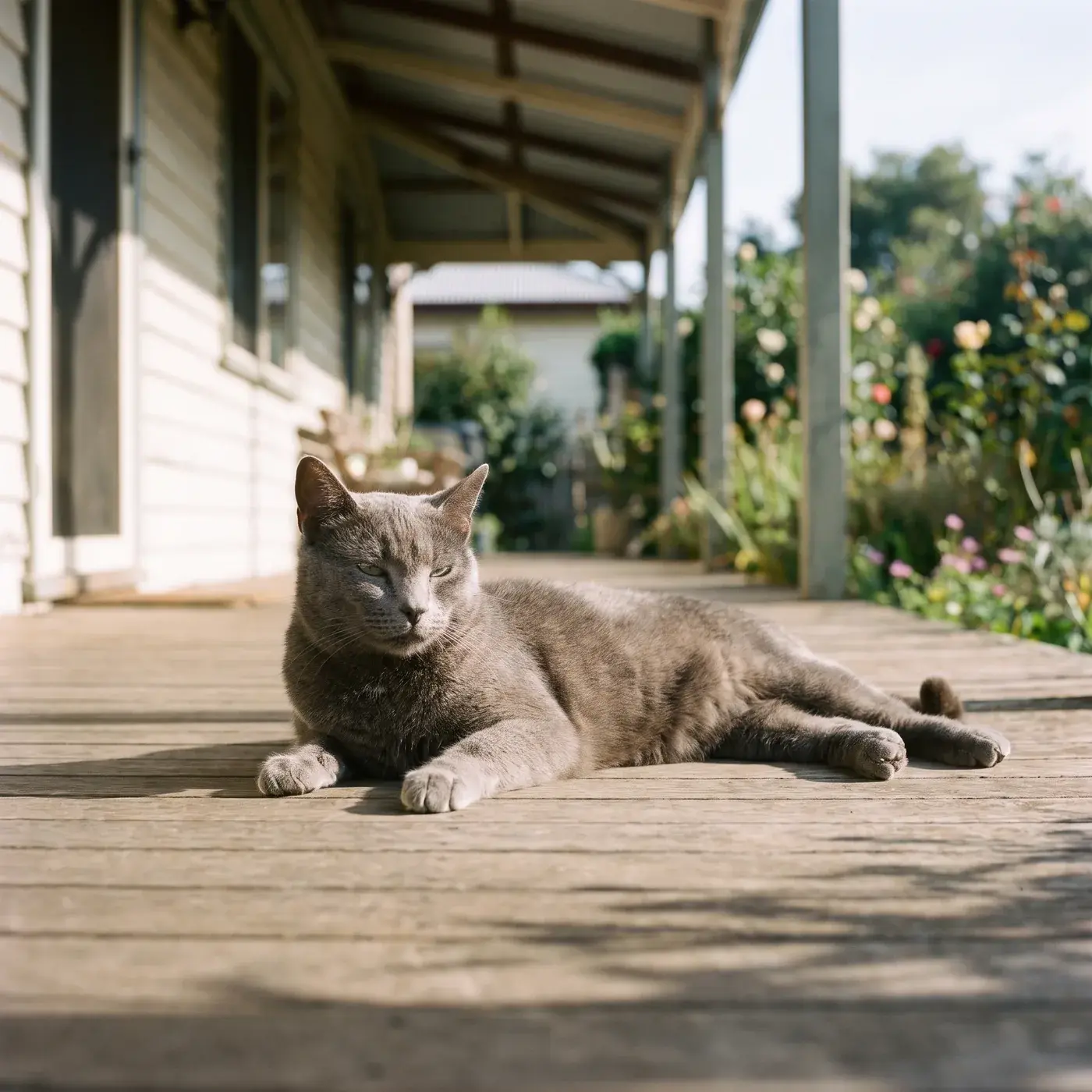 A grey cat lying on the sunny verandah of a weatherboard house