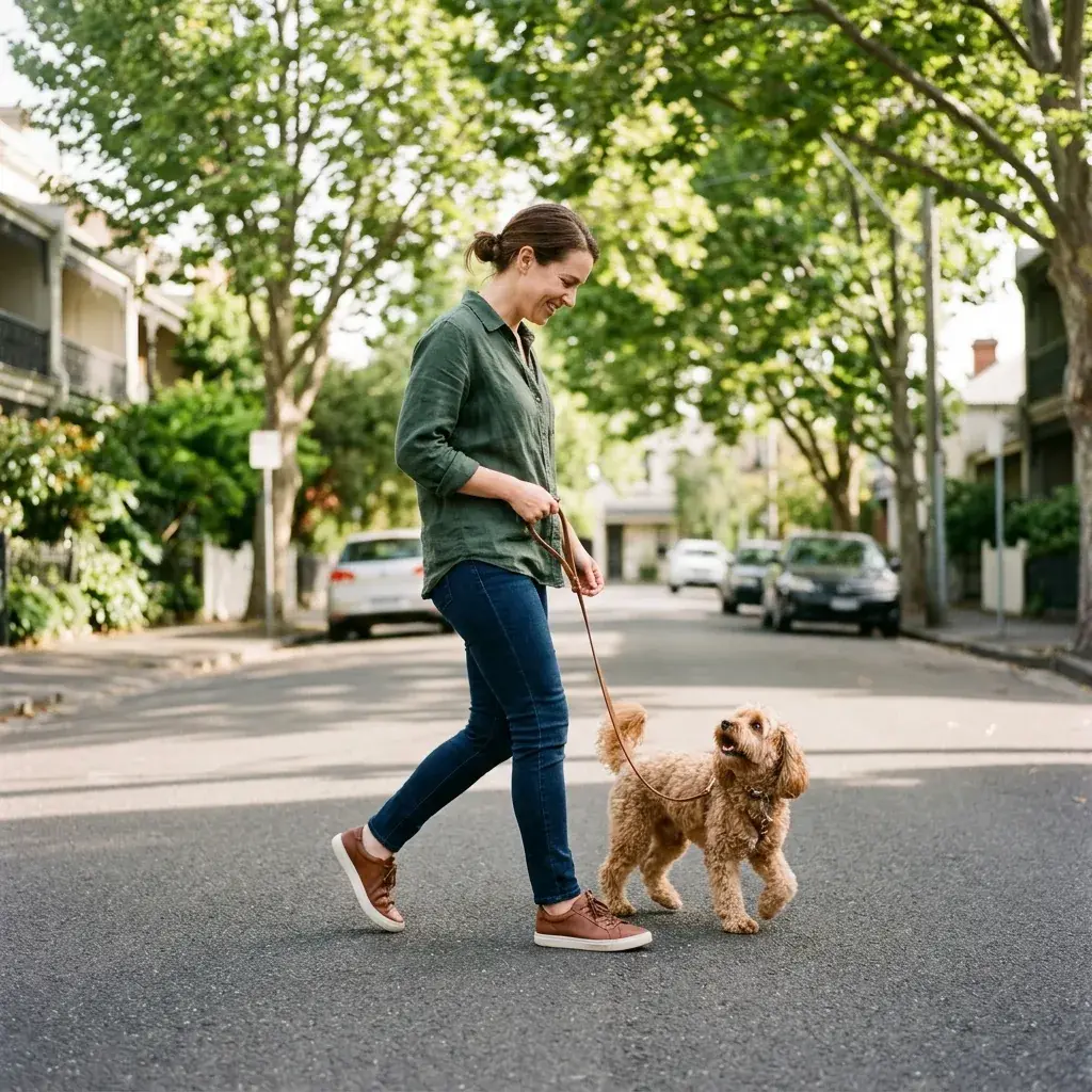 A woman walking a cavoodle across a quiet tree-lined street