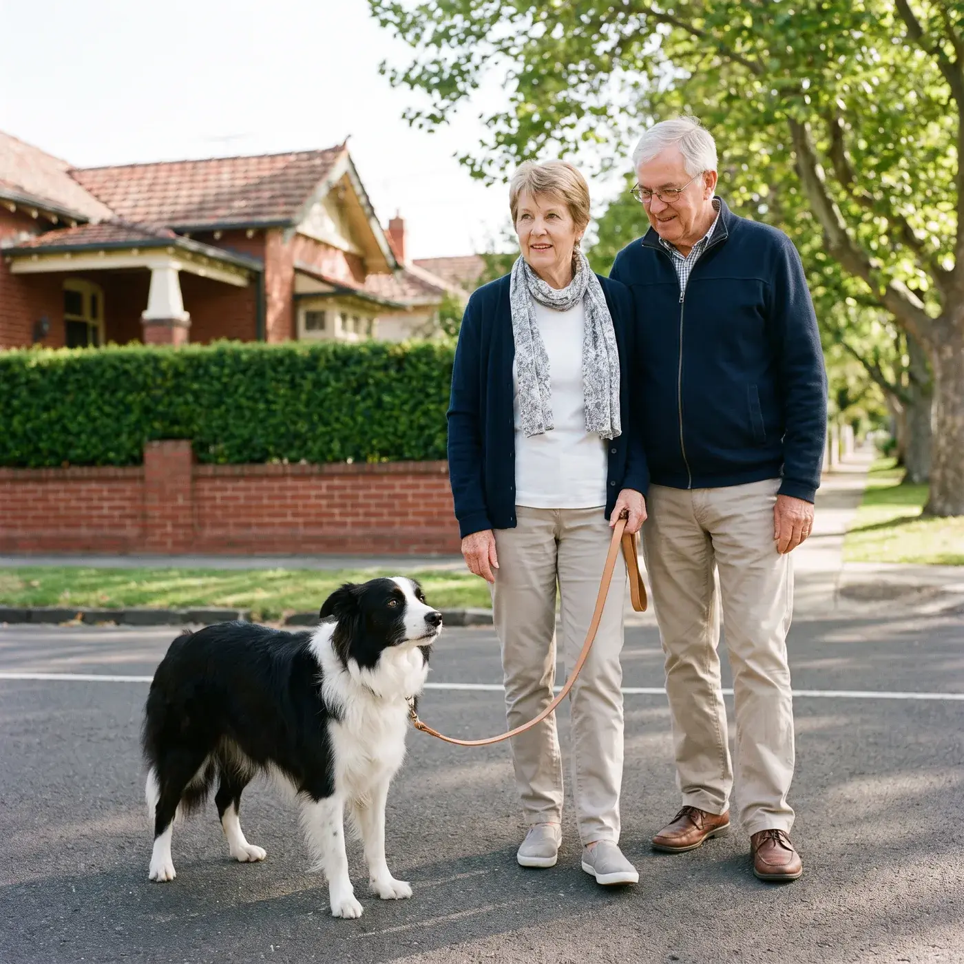 An older couple walking a border collie past a red-brick bungalow