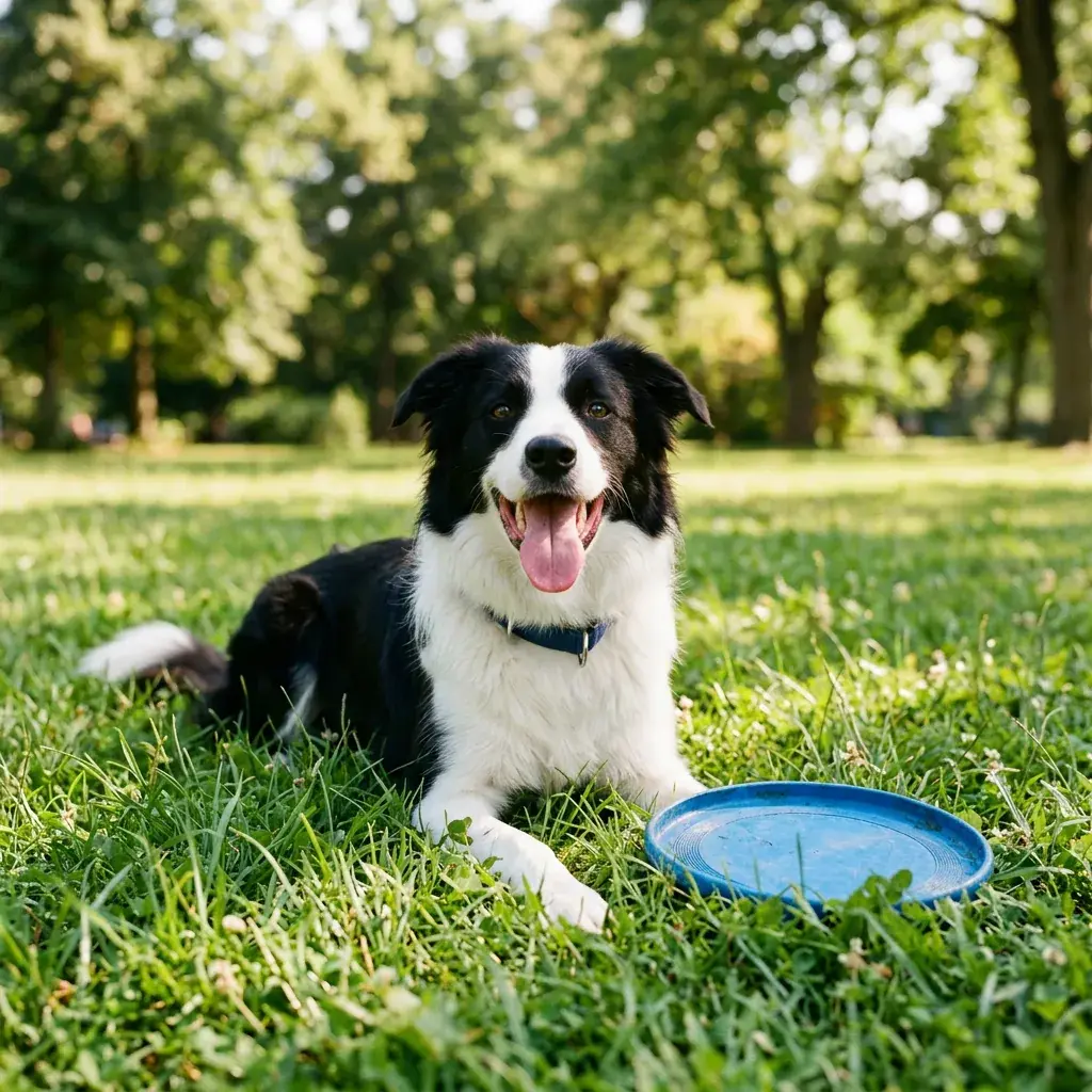 A border collie lying on the grass next to a frisbee