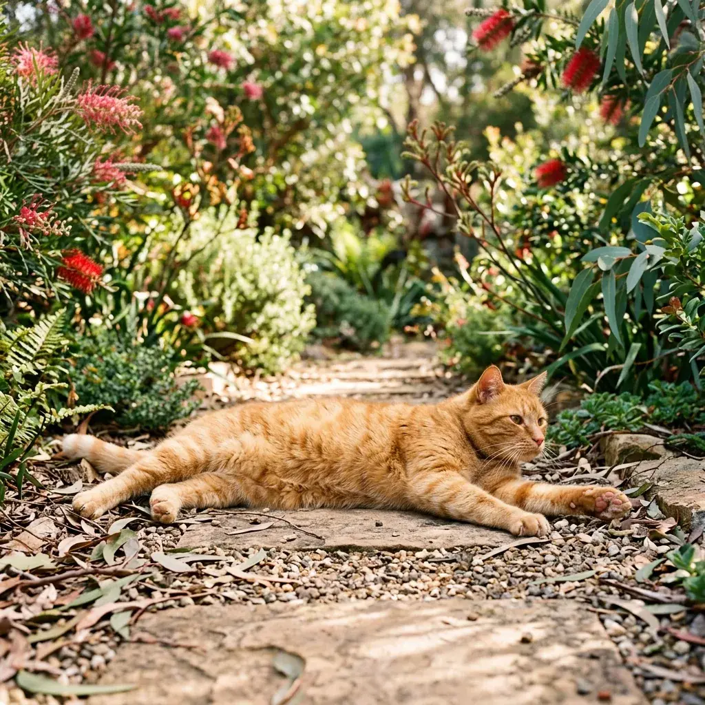 A ginger cat stretching on a sunny garden path
