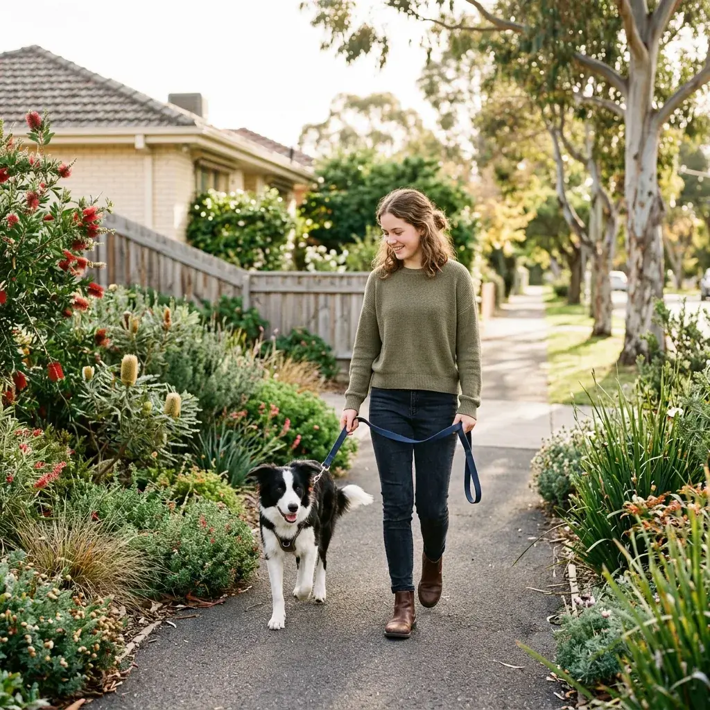 A teenage girl walking a young border collie past a native garden
