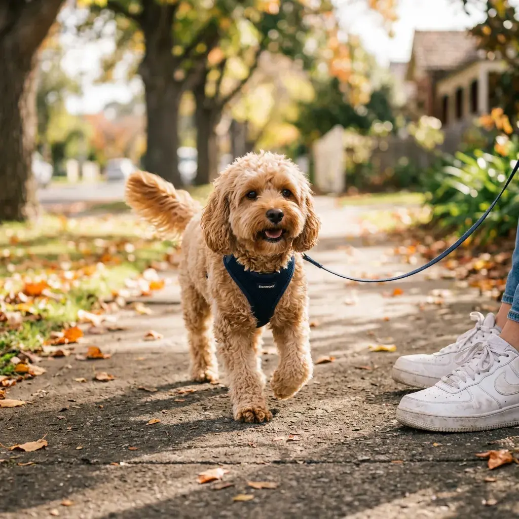 A cavoodle trotting on a lead beside its owner on a footpath