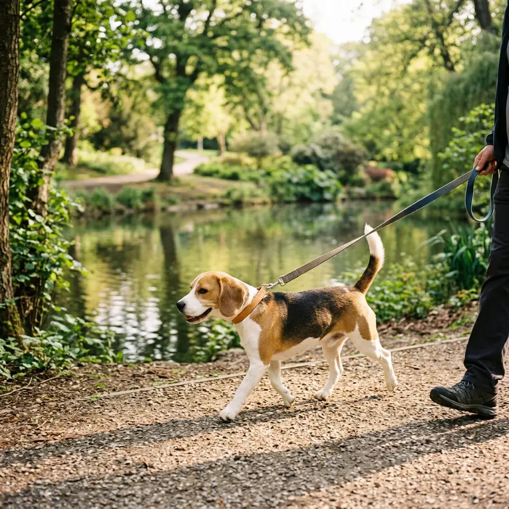 A beagle walking beside a pond in a leafy park