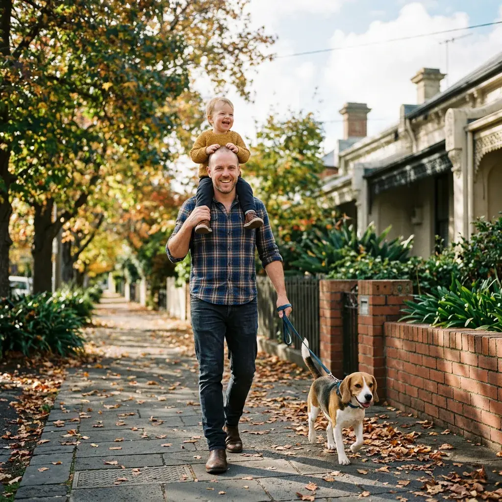 A father with a toddler on his shoulders walking a beagle