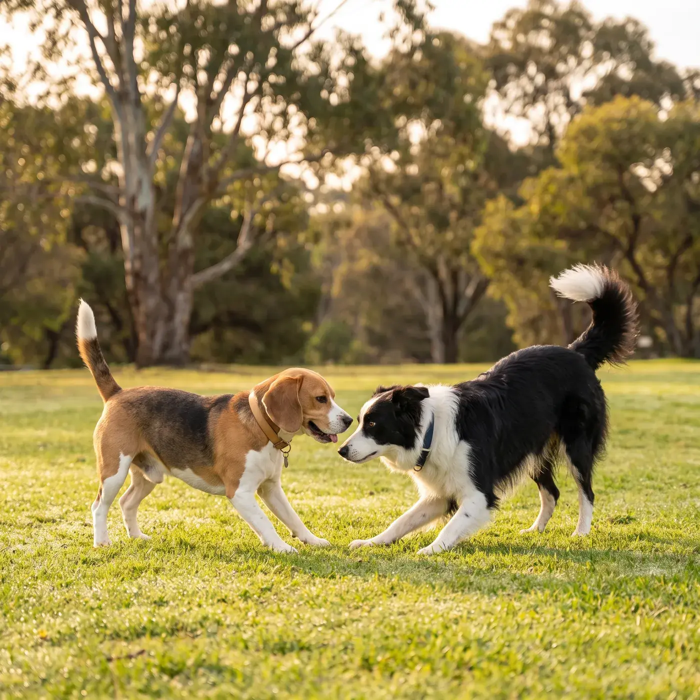 A beagle and a border collie greeting each other on a grassy reserve