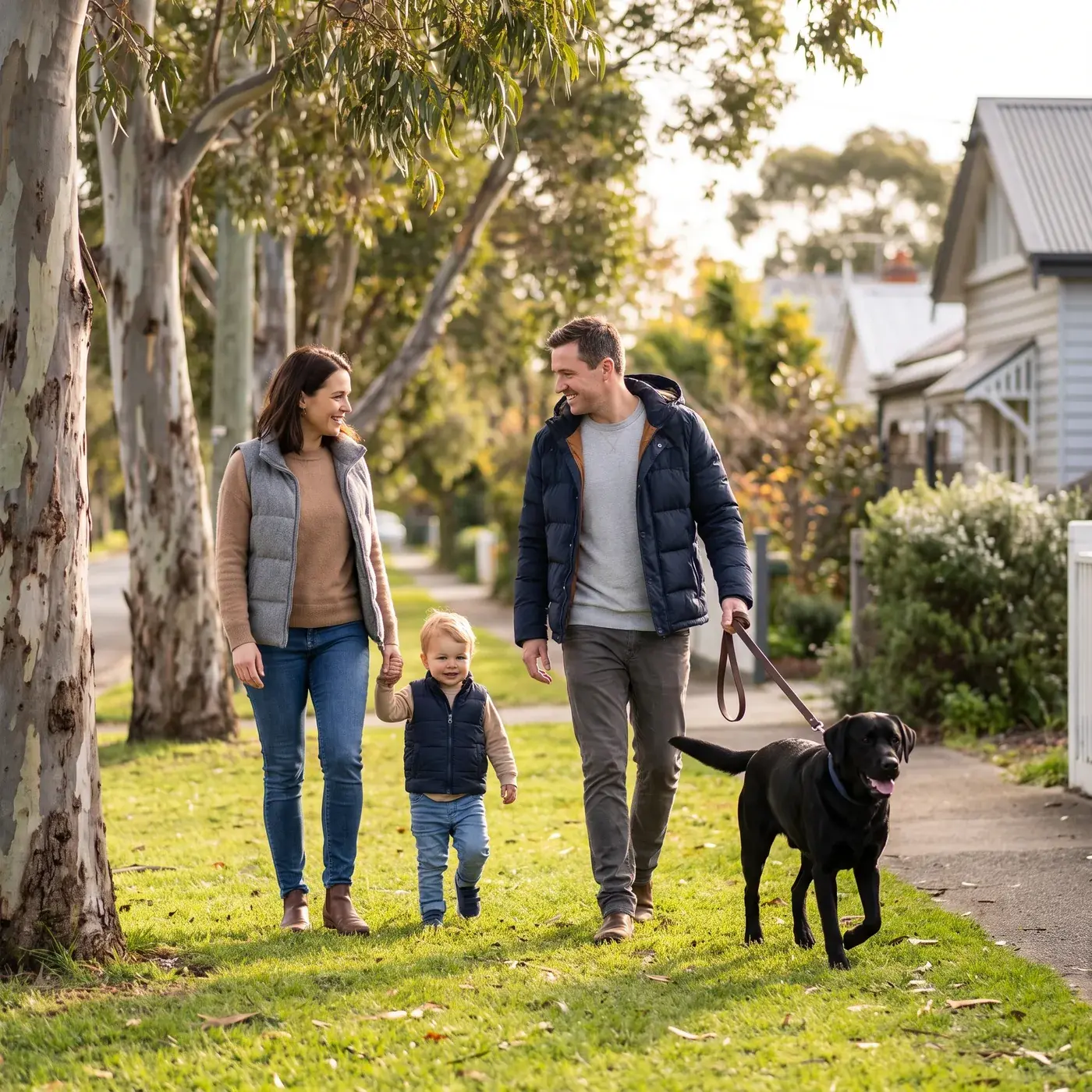 A family walking a black labrador along a street lined with gum trees