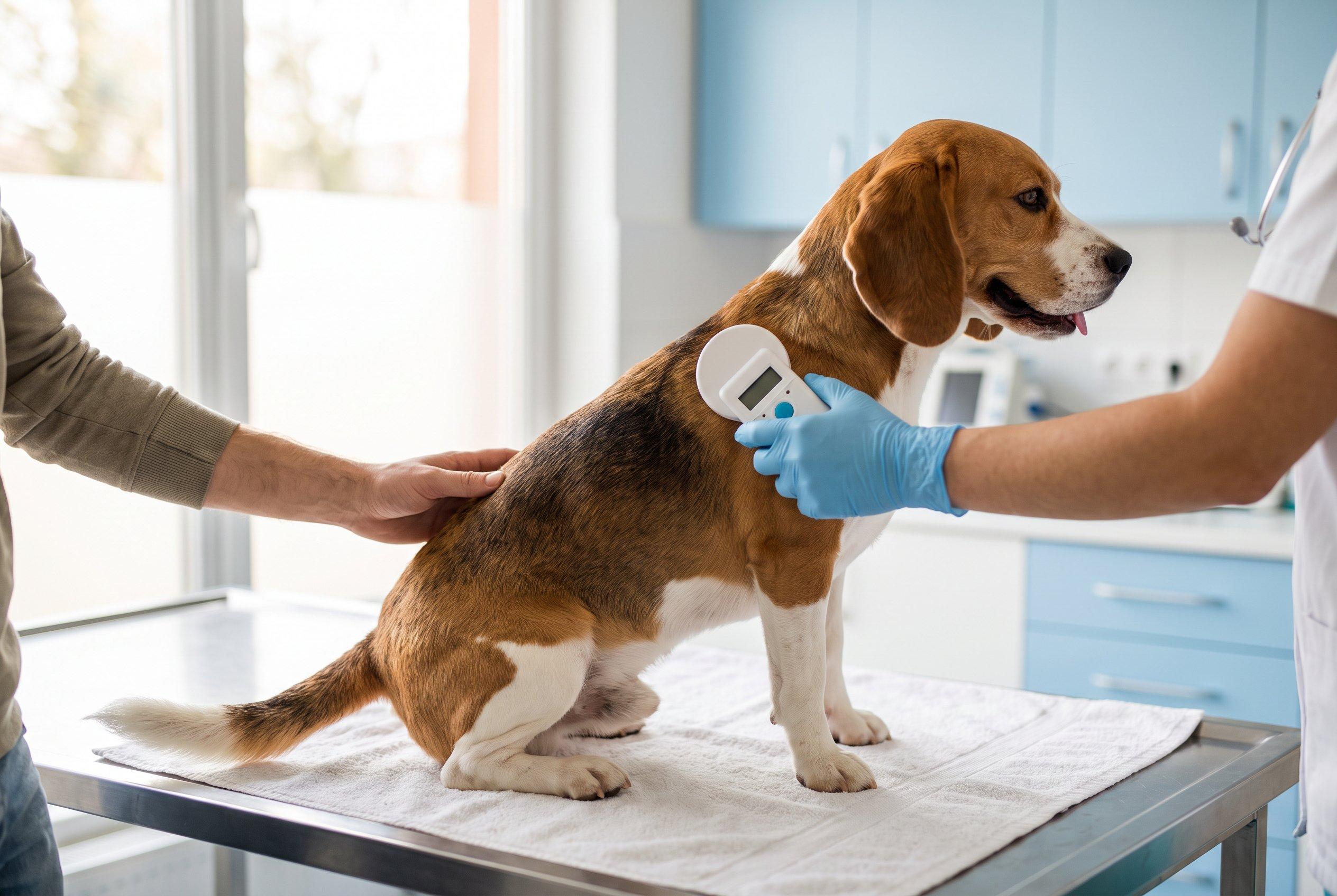 Vet holding a microchip scanner over a beagle's shoulders while its owner steadies it
