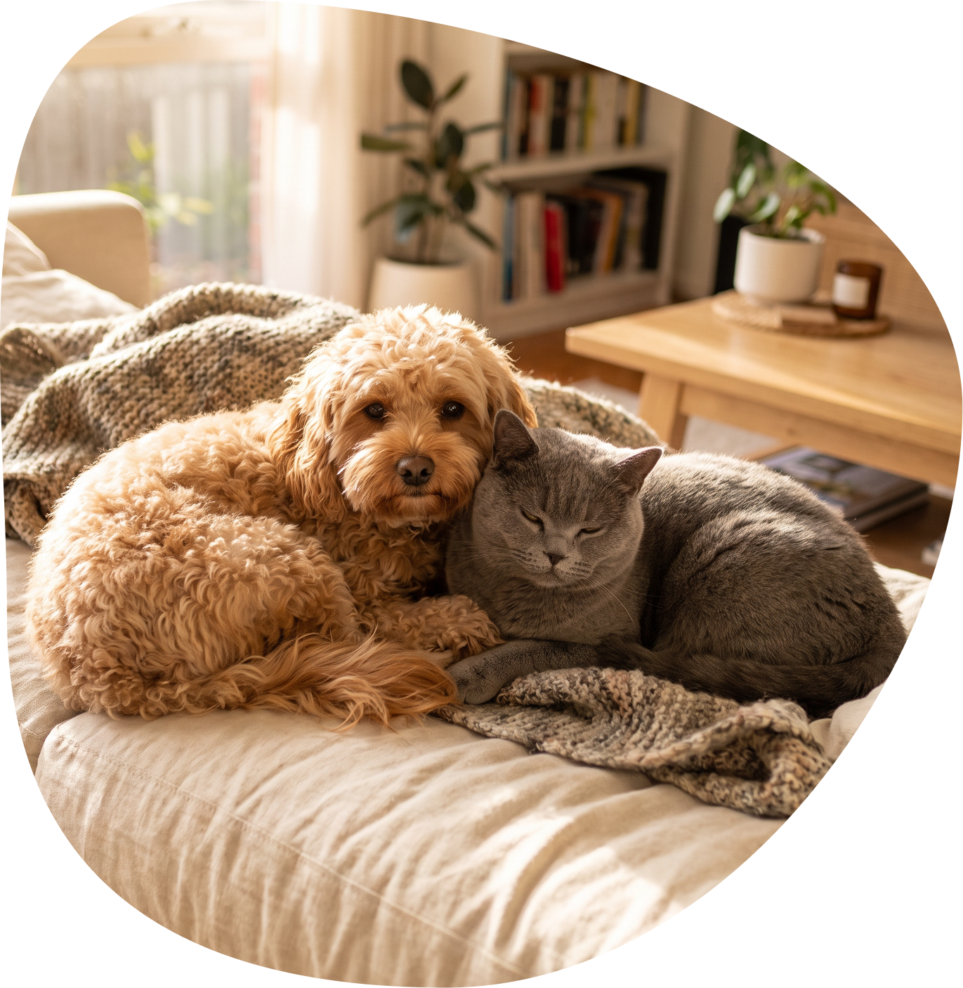 A fluffy apricot cavoodle and a grey cat curled up together on a sofa